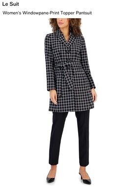 Le Suit Navy Windowpane Belted Topper and Pants set
